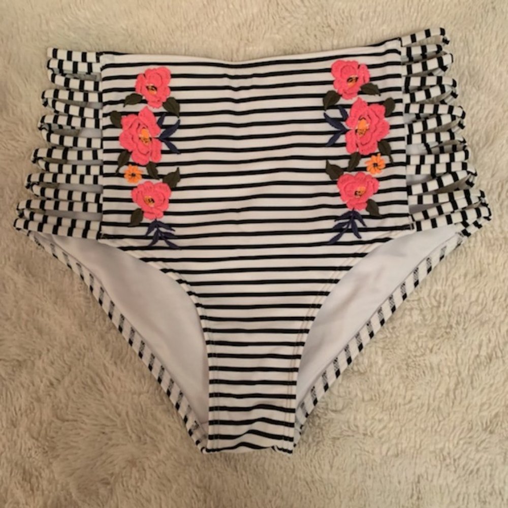 HOLLISTER High-Waisted Striped Bikini Bottoms with Floral Embroidery- S